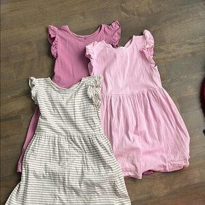 Lot of 3 Kids Cotton Ruffle Sleeve Dresses - Pink, Purple, and Striped